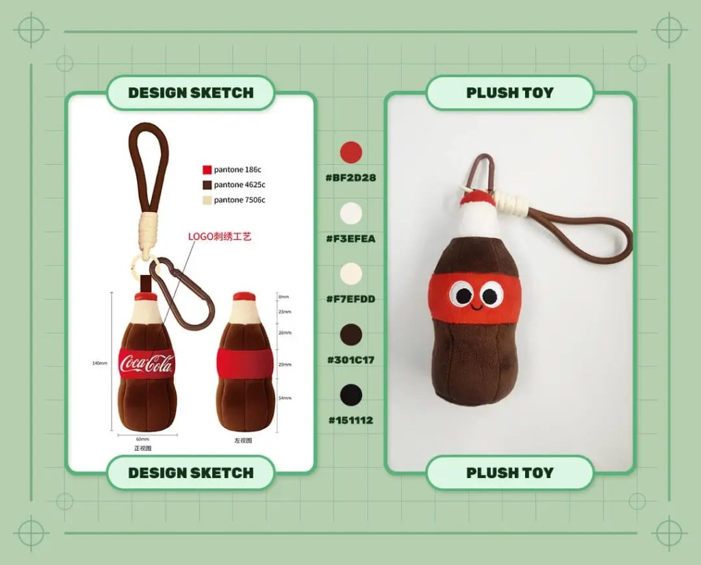 Custom Coca-Cola Plush Keychain design sketch and finished plush sample