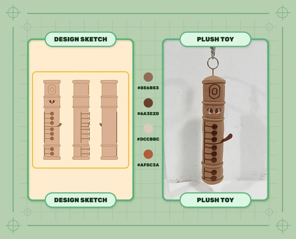Custom brown recorder plush keychain design sketch and finished plush sample