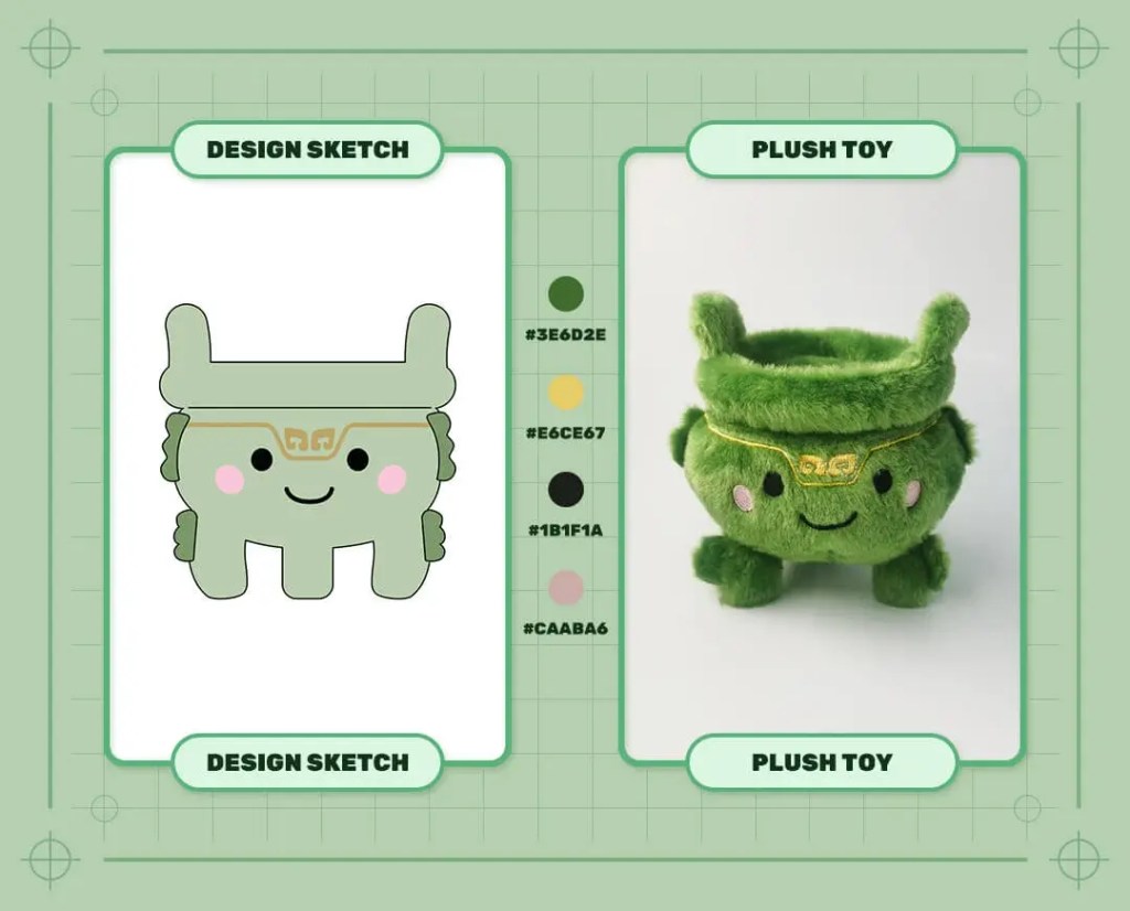 Custom green tripod‑shaped plush keychain design sketch and finished plush sample
