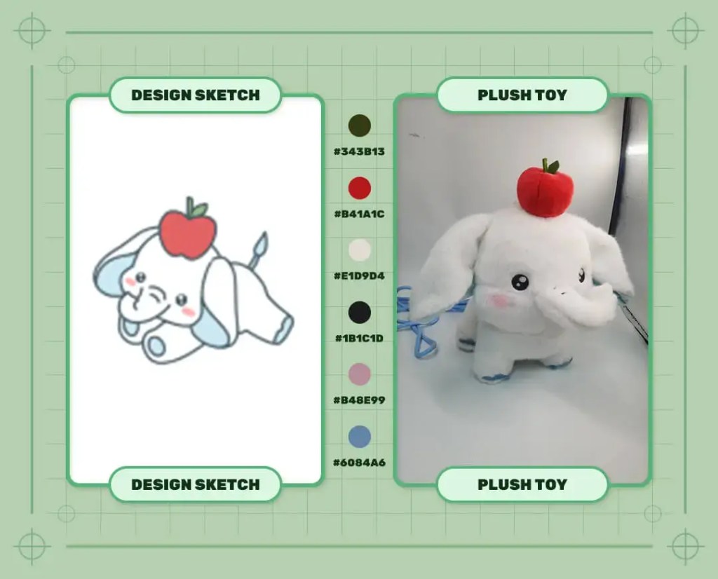 Customizable plush keychain featuring a baby elephant with an apple atop its head design sketch and finished plush sample
