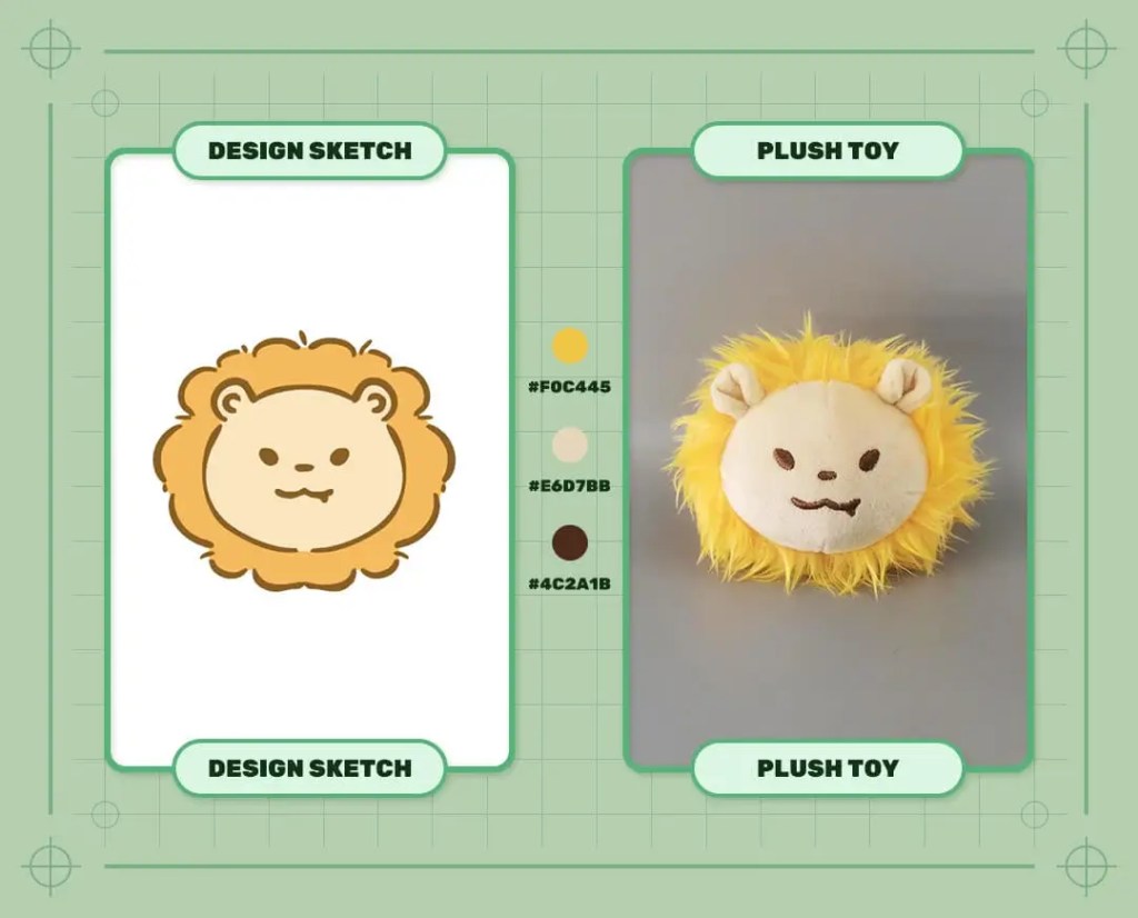Customized little lion head plush keychain design sketch and finished plush sample
