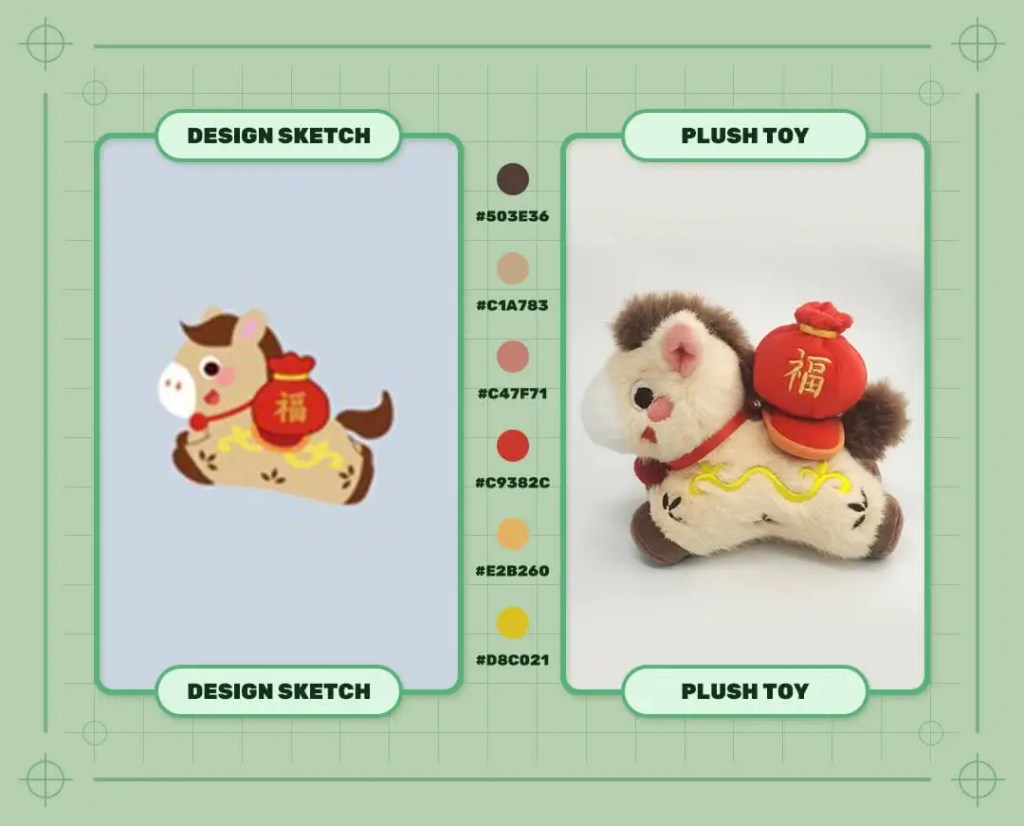Customized plush horse keychain for sending good fortune design sketch and finished plush sample
