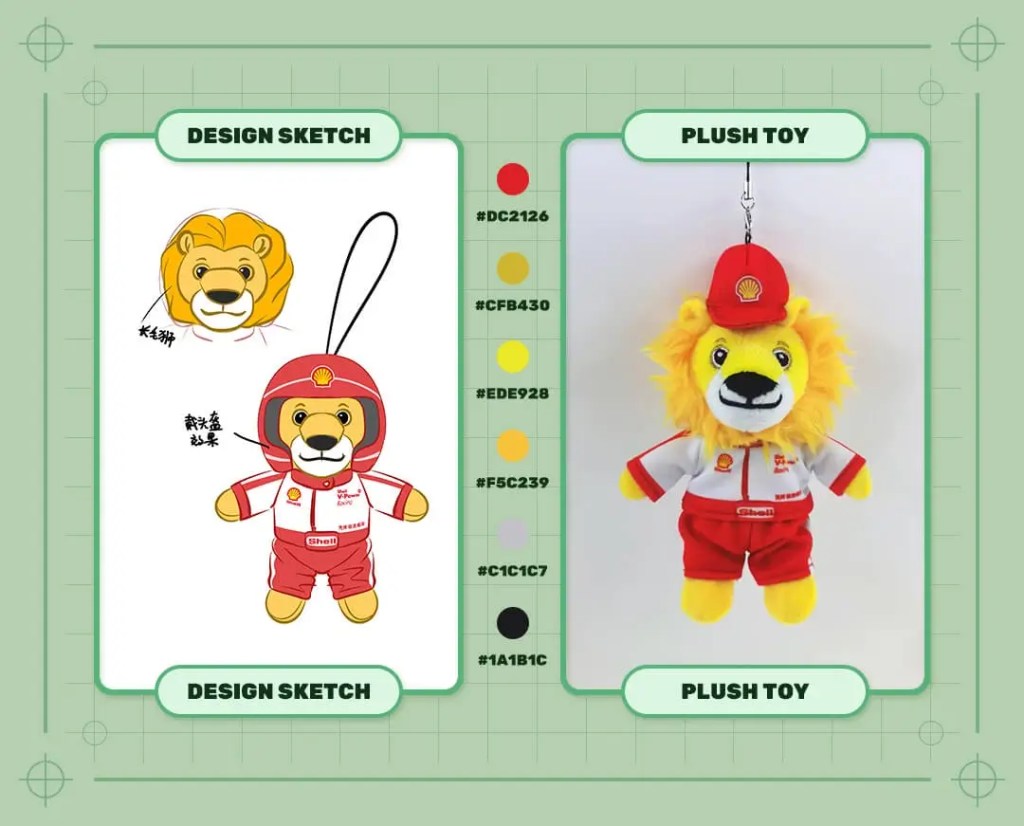 Customized seashell petroleum mascot plush keychain design sketch and finished plush sample