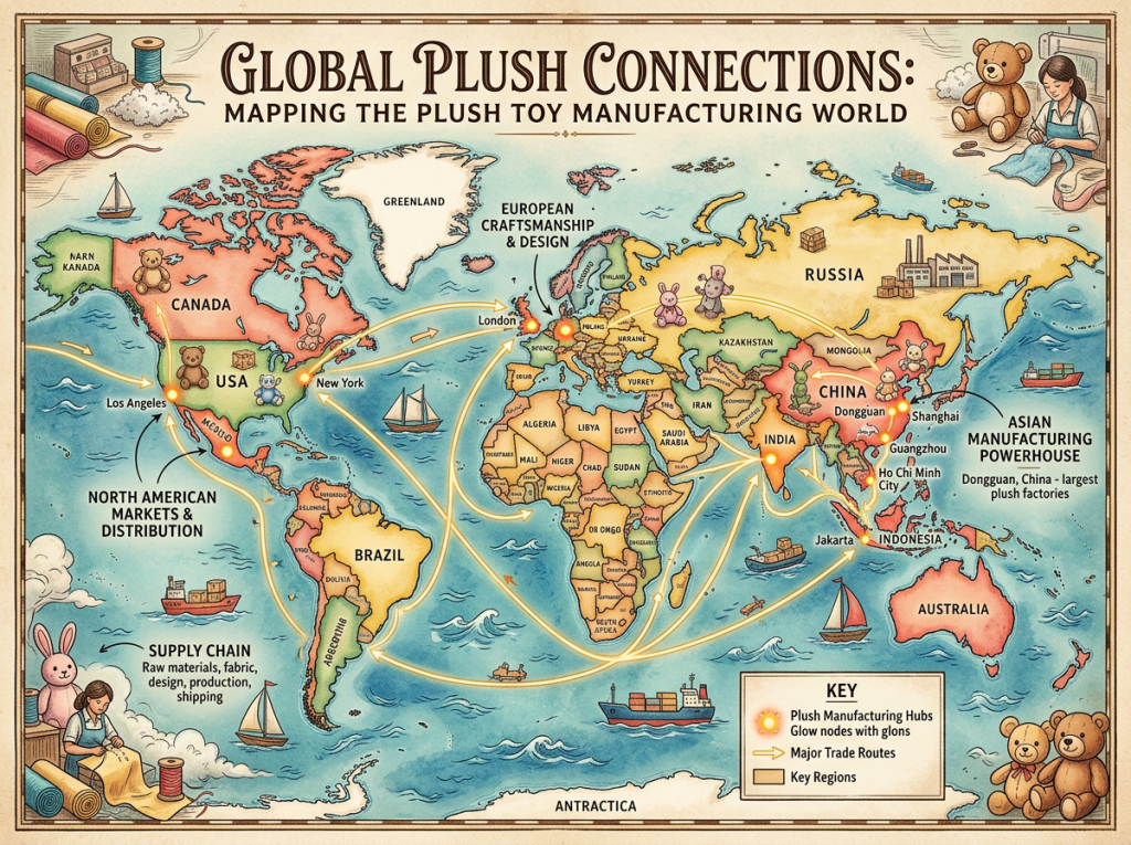 Illustrated map titled Global Plush Connections showing plush toy manufacturing hubs and trade routes worldwide