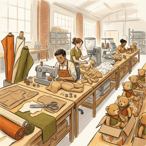 Two artisans sewing teddy bears in a workshop filled with fabric and finished toys